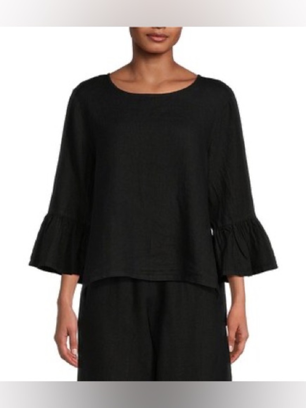 Fran Basic Light Linen Round Neck Ruffle 3/4 Bell Sleeve High-Low Shirt